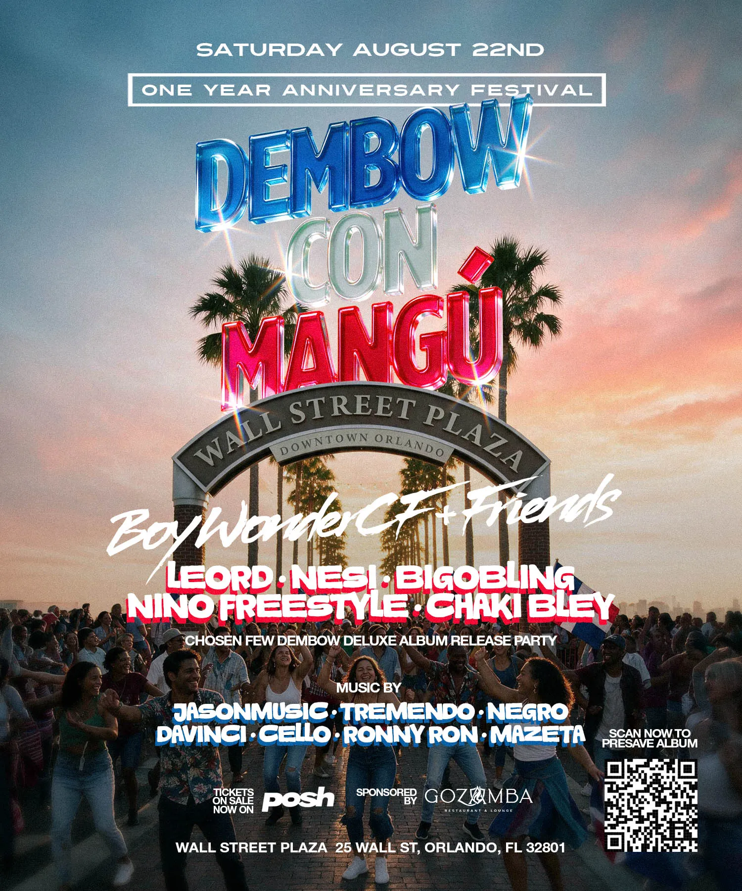 The official flyer for Dembow Con Mangú Festival: Saturday, August 22, Wall Street, 25 Wall St, Orlando, FL 32801. It prints the full bill and states that tickets are on Posh.