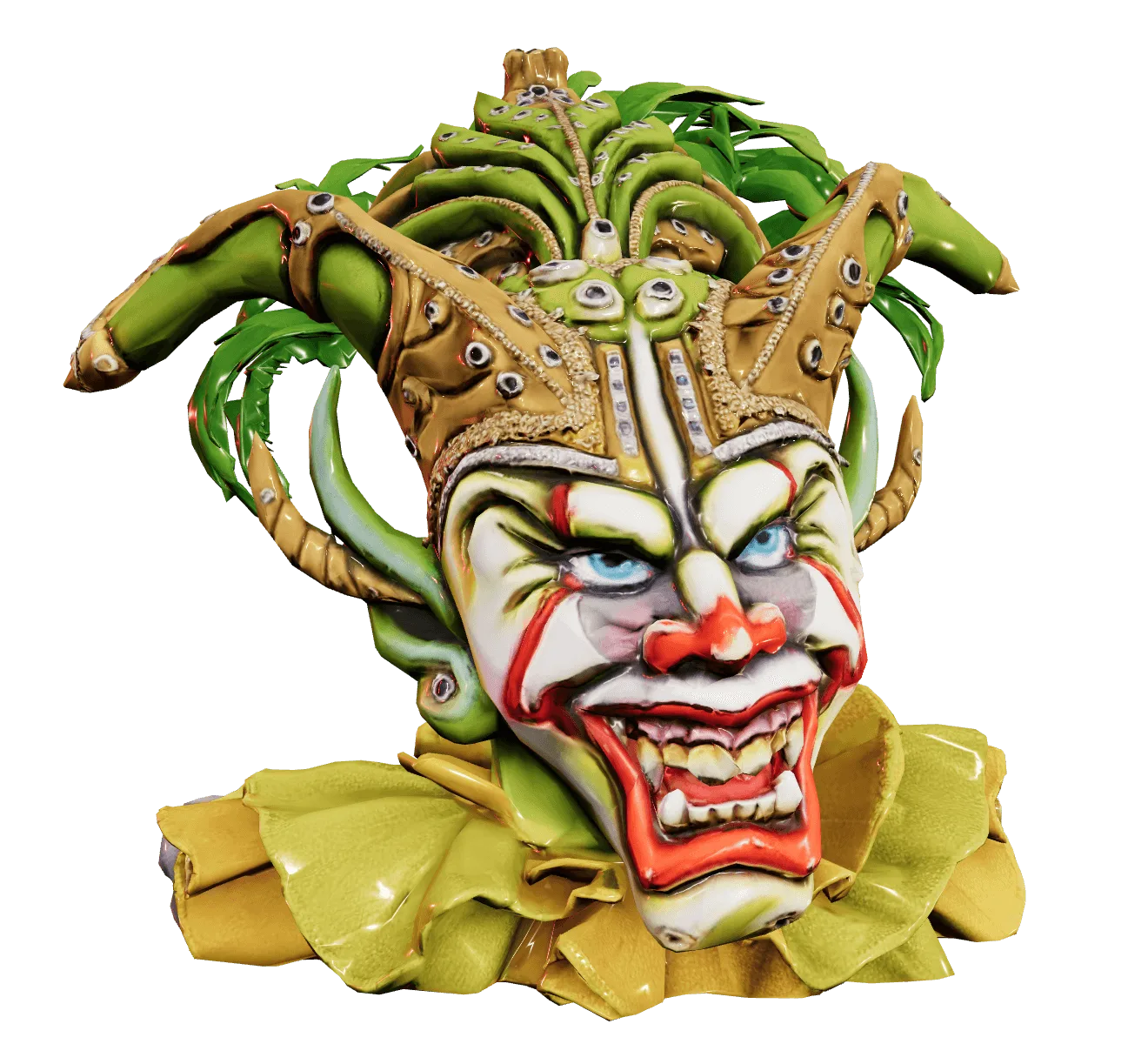 A Dominican carnival diablo cojuelo mask: green and gold, horned, teeth bared, over a ruffled yellow collar.