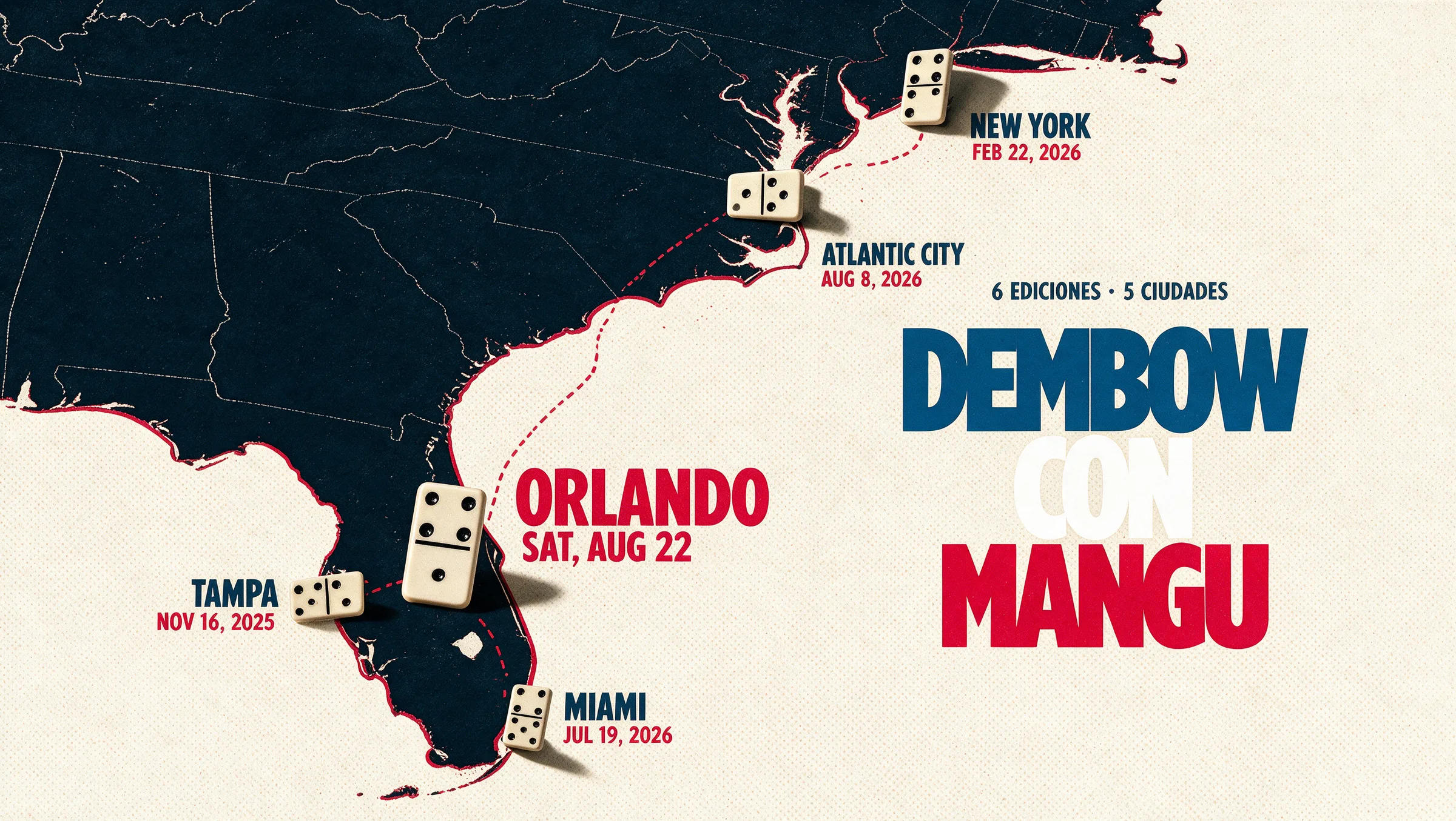 Illustrated tour map of the US east coast marking every Dembow Con Mangú edition: New York, Atlantic City, Orlando, Tampa and Miami. Orlando on Sat, Aug 22 is the next one.